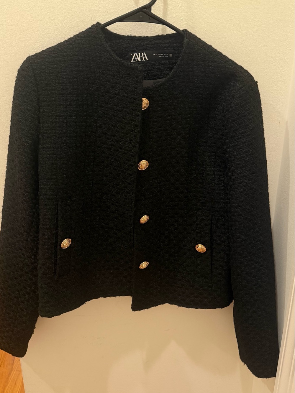 ZARA Black Textured Collarless Blazer with Gold Buttons